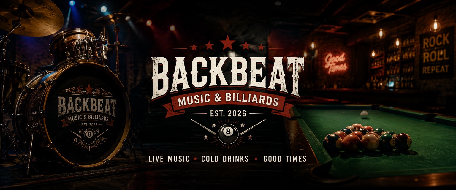 Backbeat Music & Billiards artwork featuring drums and a pool table
